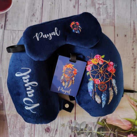 Personalised travel neck pillow n eye mask and Bag tag combo